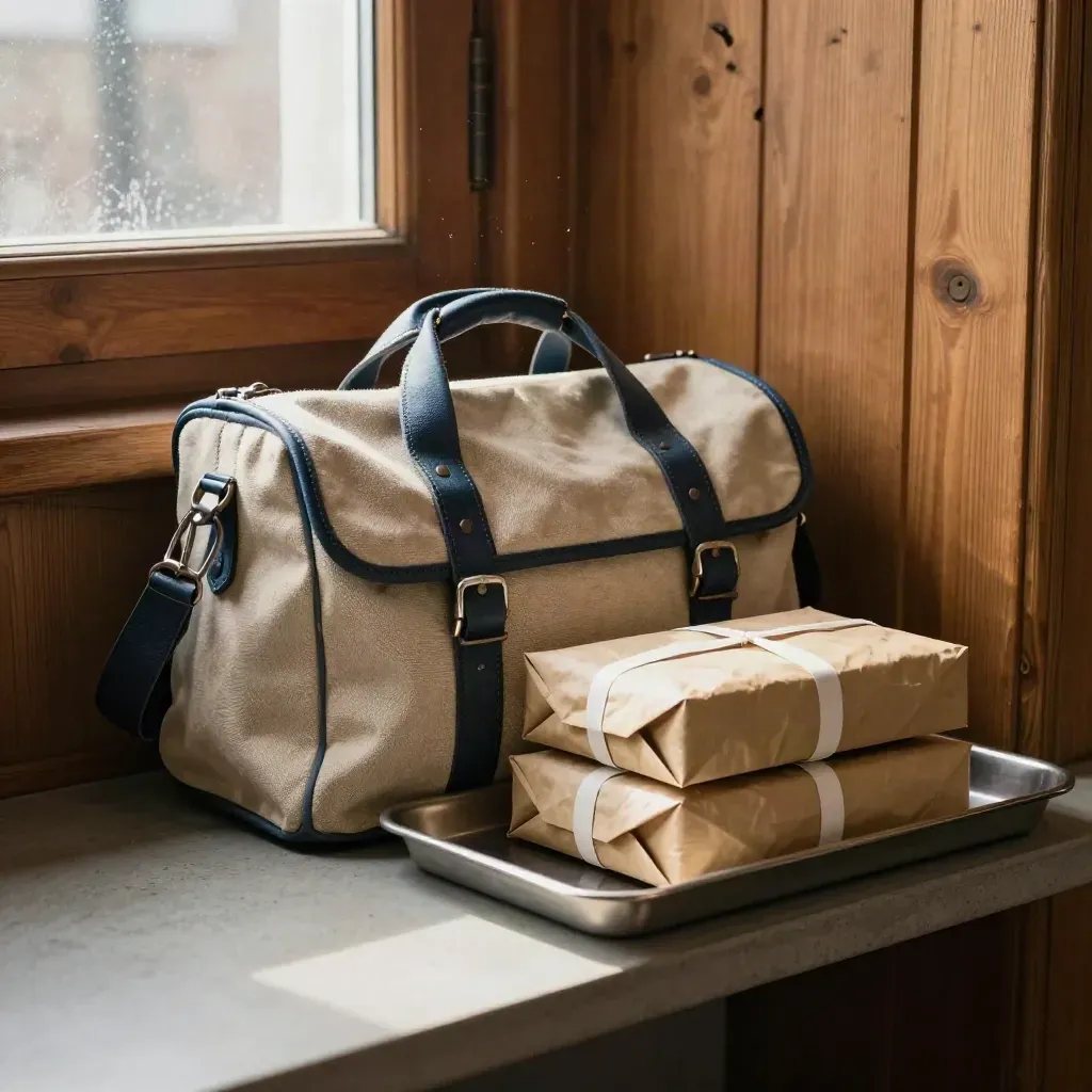 Portfölj för vidarebefordran med två förseglade postpaket vid en ljus sorteringsyta.