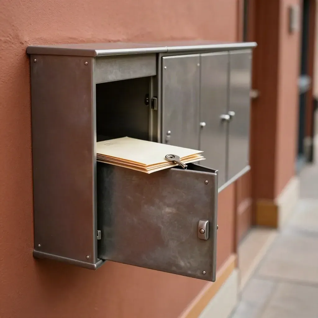 Mätallpostbox med öppen lucka, nyckel och postbunt i varm hall