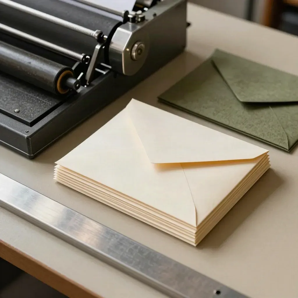 Fräscht tryckta kuvert ligger solfjäderformade bredvid tryckpressens kant i en verkstad.