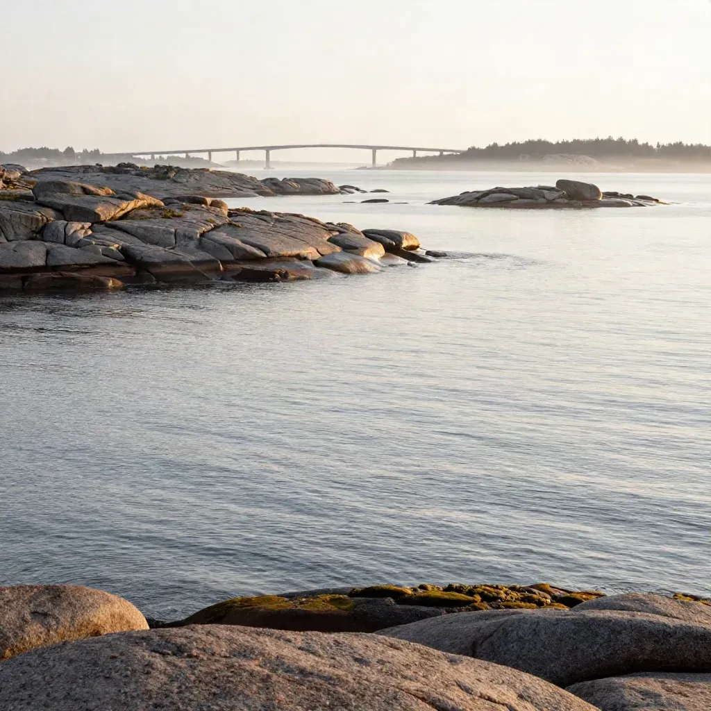 Västra Götalands skärgård i morgonljus med granitklippor, havsmist och en fjärran brolinje.